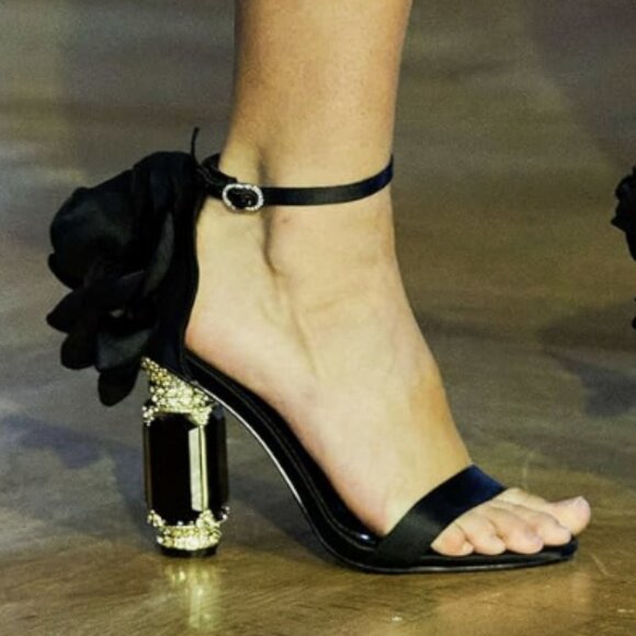 FSJ Women Open Toe  Sandal Ankle Strap Chunky Block High Thick Heels Black Shoes - Picture 1 of 8